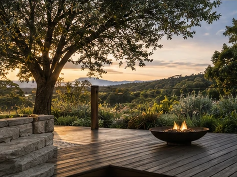 A timber deck with a fire pit looking over the valley at sunset
