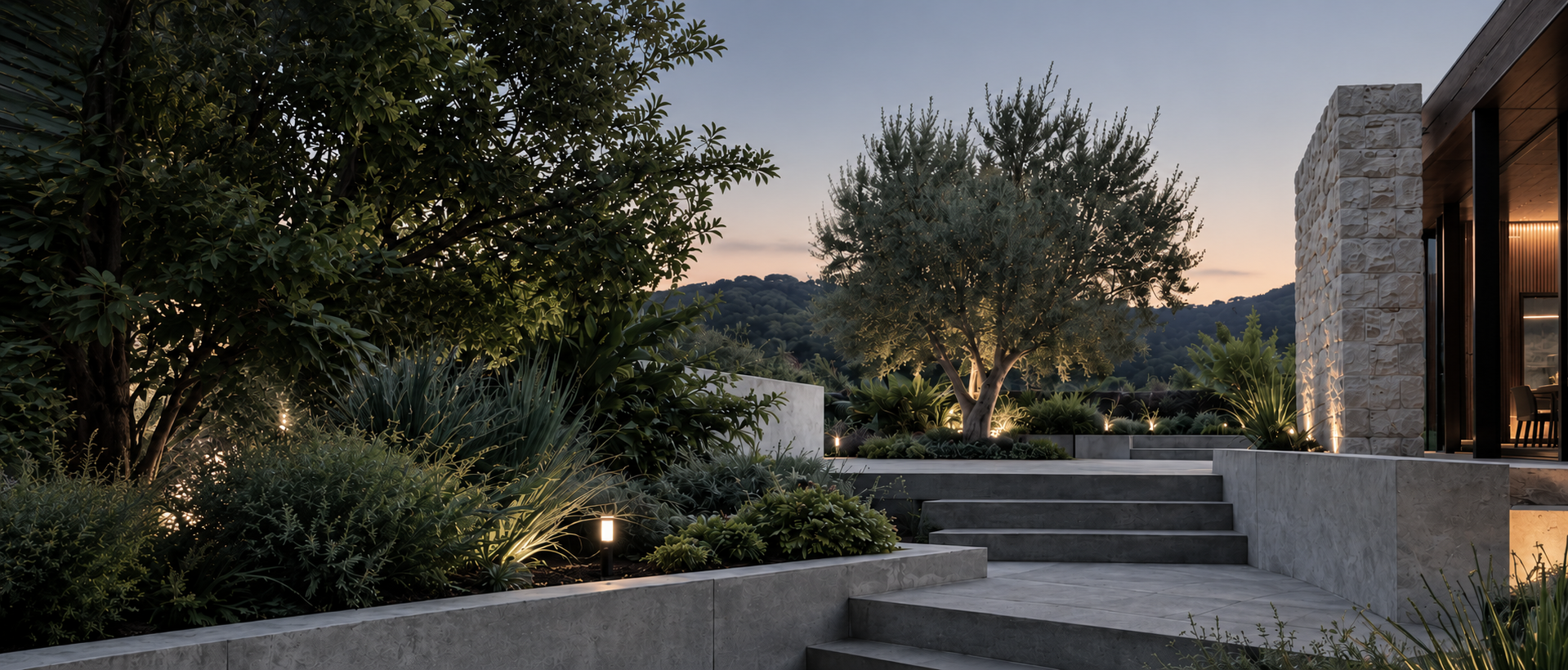 Lit stone steps and retaining walls beneath an olive tree at dusk